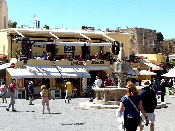 One of the town squares in Rhodes, Greece and the Nefeli Cafe
