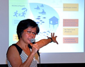 Rocky Sanchez Tirona, head of Rare Philippines, explains how to make fishing in the municipal waters sustainable during the launching of Fish Forever program in Quest Hotel yesterday which aims to change the behavior of local fishermen on fisheries management. (CDN PHOTO/JUNJIE MENDOZA)