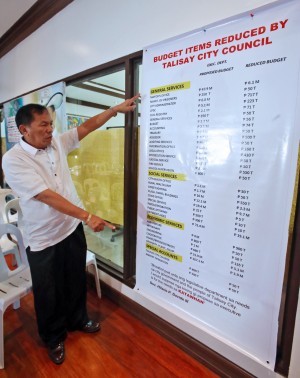 REALITY CHECK. Talisay City Mayor Johnny V. delos Reyes shows the list of items the Talisay City Council reduced in his proposed budget. (CDN Photos/Junjie Mendoza)