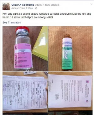 Cesar Coliflores posted photos of the medicines and the prescription given by the medical staff to his wife on his Facebook account.
