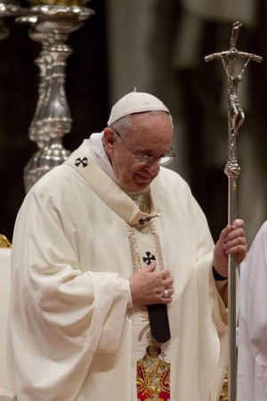 Pope Francis says Mass  at St. Peter's Basilica, wearing vestments which he used during his Jan. 18 Mass at Luneta Park.  See the image of the Sto. Niño de Cebu at the center of the chasuble.  Made in Bulacan, the vestments were given to him as a gift and were used again yesterday in Rome. (CONTRIBUTED PHOTO/ FR. MHAR VINCENT BALILI)