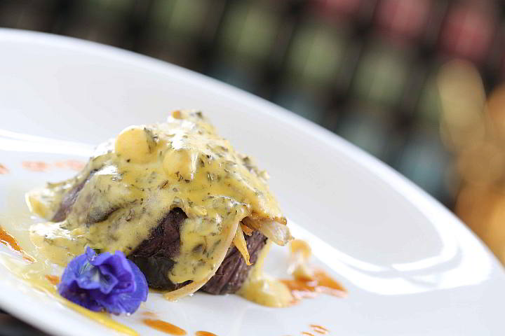 Slow Roasted Beef Tenderlion with Moroccan Mint Green Tea Bernaise and Sauteed Mushrooms