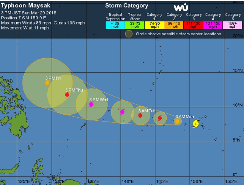 Maysak Forecast Path Forecast path and peak sustained winds of Maysak over the next five days. Circles denote uncertainty in the position of the center at each forecast point.  (Weather Underground)