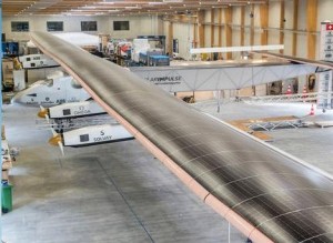 prototype of the Solar Impulse sits inside a hangar. The Solar Impulse 2 flew out of Abu Dhabi in the United Arab Emirates on Monday, March 9, 2015, for the start of its round-the-world flight. SCREENGRAB FROM SOLARIMPULSE.COM 