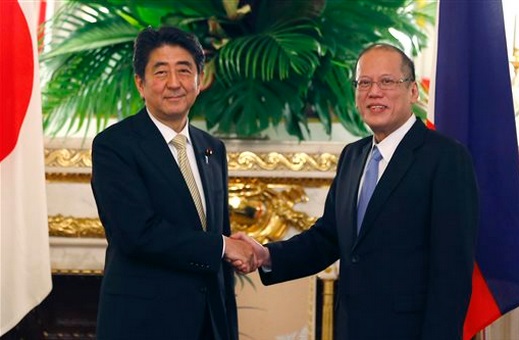 President Aquino, left, and Japan’s Prime Minister Shinzo Abe shake hands during a signing ceremony after their meeting at the Akasaka Palace state guesthouse in Tokyo on Thursday, June 4, 2015. Under the strategic partnership agreement signed Thursday between Aquino and his Japanese host Abe, the two countries will begin military equipment transfer talks that may include anti-submarine reconnaissance aircraft and radar technology. KAZUHIRO NOGI/POOL PHOTO VIA AP
