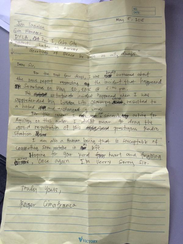 Letter of Cimafranca to DYLA station manager Jun Tagalog. (CDN PHOTO/ SANTINO BUNACHITA) 