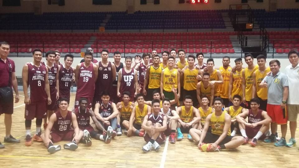 THE UP Fighting Maroons pose with the USJ-R Jaguars after their recent tune-up game.