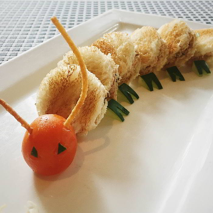 Caterpillar-shaped tuna sandwich