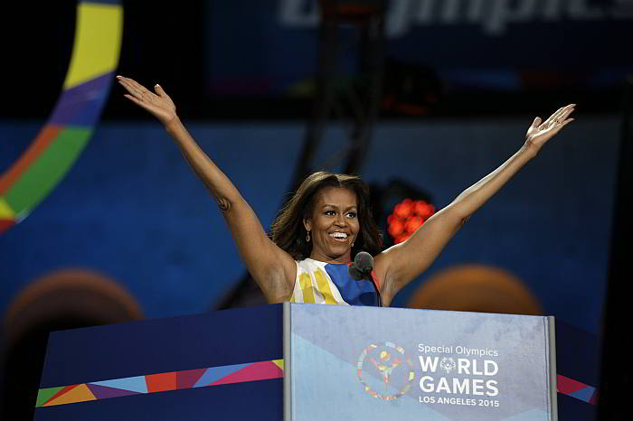 First Lady Michelle Obama declares the 2015 Special Olympics World Games officially open during the opening ceremony at the Los Angeles Memorial Coliseum. (AP Photo)