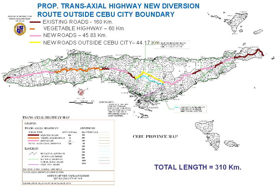 Map of proposed Cebu Trans-axial Highway that would connect existing segments to enable fast travel from north to south.