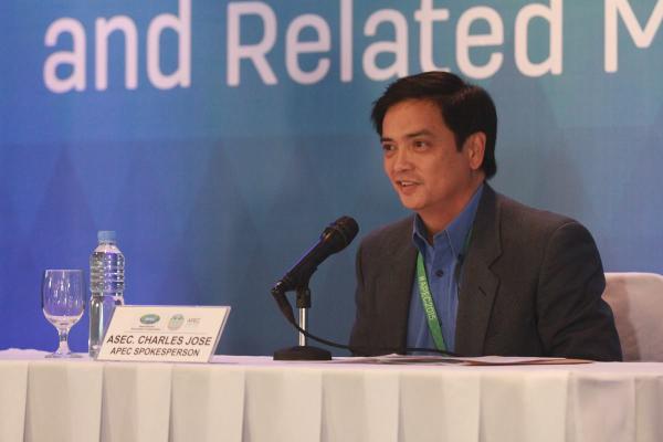 Foreign Affairs Assistant Secretary Charles Jose (right) in a press conference says APEC meetings showcase Cebu's value as a destination for international meetings. (APEC 2015 PHOTOS)