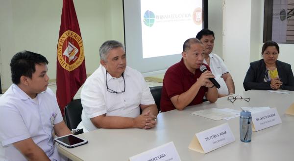 From left: Krenz Yaba, governor of SWU Medicine Student Body; Dr. Peter S. Aznar, dean of College of Medicine; Dr. Chito B. Salazar, SWU chairman of the board; Atty. Godwin Manginsay, SWU chief legal counsel and Dr. Angel P. Canene, SWU registrar, hold a press conference announcing the Office of the President's sty order on the executiion of the resolutions of the Commission on Higher Education (CHED) against the school's College of Medicine. (CDN PHOTO/ CHRISTIAN MANINGO)