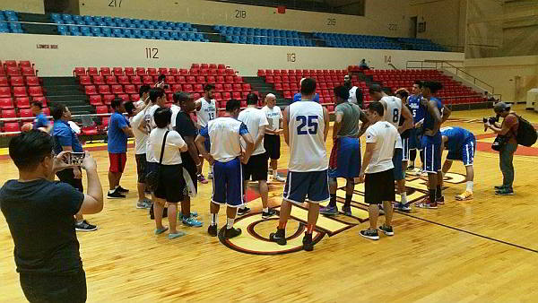 Members of the Gilas Pilipinas gather at center court in a gymnasium here in Cebu as they continue their practices for the upcoming Fiba Asia Championships later this month. Team officials are keen on keeping their activities as private as possible to give the team the necessary time and space to focus on their preparations. (Contributed)