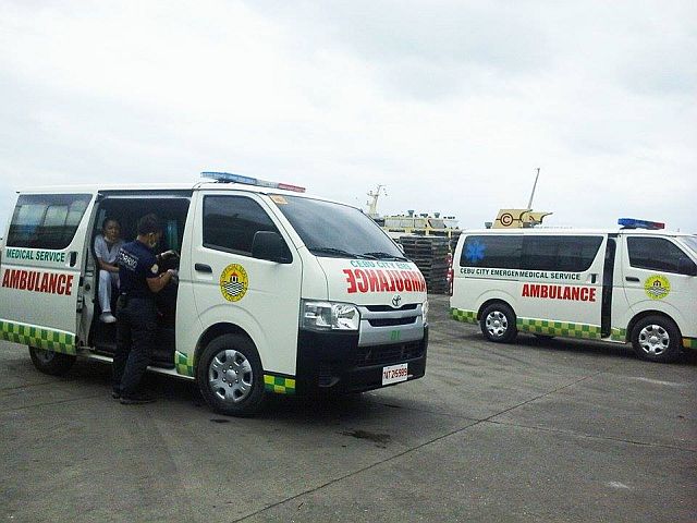 Ambulance from Cebu City Disaster Risk Reduction Management is now on stand by at Pier 1 waiting for the passengers rescued by M/V Filipinas Dinagat.