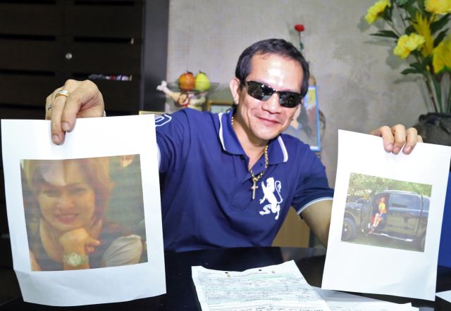 Greco Sanchez shows a photo of his wife, Prosecutor Mary Ann Castro, wearing a Rolex watch worth P1 million which he inherited from his late father, former vice governor Greg Sanchez, and a photo of his new Ford Ranger with Castro behind the wheels. The vehicle was stolen while parked inside the Capitol compound yesterday. (CDN PHOTO/JUNJIE MENDOZA)