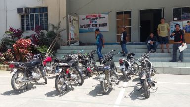 Some of the carnapped motorcycles recovered in Tabuelan town.  Police are now asking for victims to claim their lost units to Cebu Provincial Police Office (CPPO) bringing with them the needed documents (CDN PHOTO APPLE MAE TA-AS)
