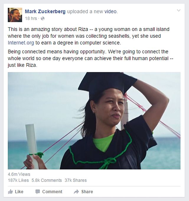Riza Mae Tachado in a video posted by Facebook CEO Mark Zuckerberg narrates how she finished her thesis by keeping in touch with schoolmates through a mobile phone from Culasi, Antique.