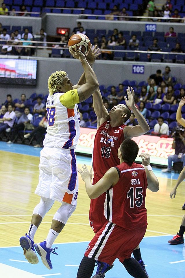 The ageless Asi Taulava of NLEX Road Warriors puts up a jumper over Blackwater defenders in their previous game. NLEX faces Barako Bull today.