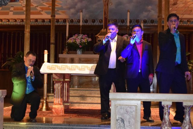 The Cebu Clergy Performing Artists sing religious tunes and popular songs to invite parishioners to the upcoming International Eucharistic Congress. They are Fathers Kipling Agravante, Jun Gutierez, Zachary Zacarias and Rudy Ibale. (THETABLET.ORG PHOTO)