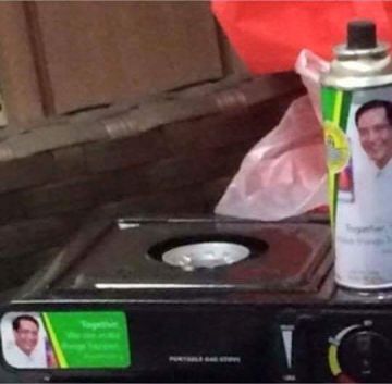 This photo of a butane stove and canister labeled with Mayor Mike Rama's face, slogan and campaign color was shown by LPG refillers at a press conference. Where are the real items?