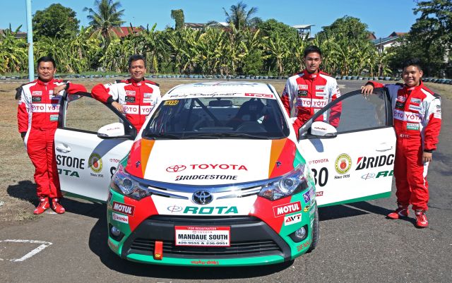 From left, Lord Seno, Oscar Suarez, Sean Veloso and Jette Calderon stand beside a Toyota Vios race car in this photo taken last May before the Cebu leg of the Vios Cup. (CDN PHOTO/LITO TECSON)