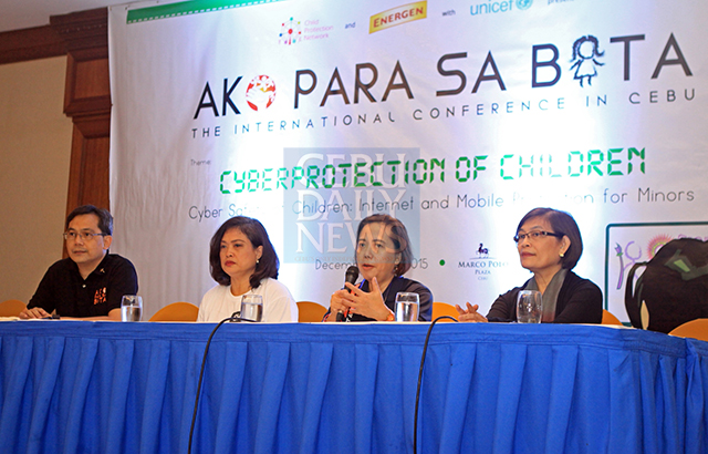 Dr. Bernadette Madrid (with micrphone), executive director of the Child Protection Network, explains the Ako Para sa BATA conference with Fr. Fidel Orendan, SDB; Dr. Naomi Navarro-Poca, child protection specialist at Vicente Sotto Memorial Medical Center Pink Center and Dr. Emma Llanto, a pediatrician specializing in adolescent medicine in a press conference. (CDN PHOTO/LITO TECSON)