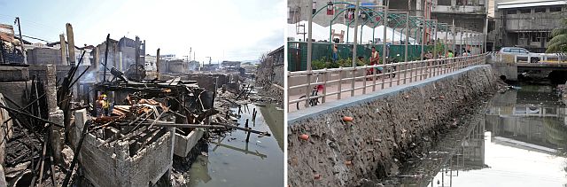 ASEE THE DIFFERENCE/OCT 4,2015: The former squatter colony after a fire last August 2014 Tinago river between the boundary of Brgys San Roque and Tinago  (left photo) and its tranformation into a park lead by TInago brgy Captain Joel Garganera. (CDN PHOTO/TONEE DESPOJO)