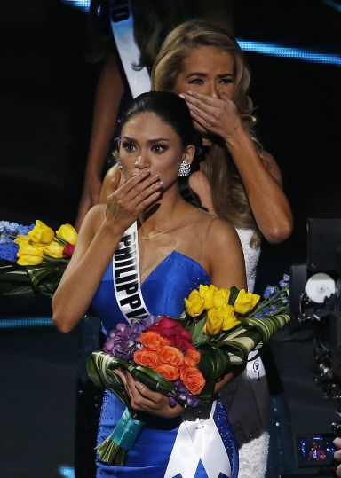 Miss Philippines Pia Alonzo Wurtzbach, front, reacts after she was announced as the new Miss Universe at the Miss Universe pageant on Sunday, Dec. 20, 2015, in Las Vegas. (AP PHOTO)