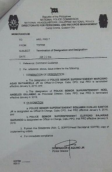 A copy of the Revamp Order from Camp Crame, Supt. Renato Dugan effective last January 9.