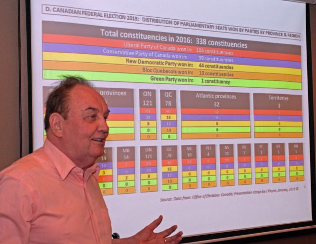 Julian Payne, national president of the Canadian Chamber of Commerce of the Philippines, discuss their political system during their Canadian Chamber meeting at the Cebu City Marriot Hotel. (CDN PHOTO/LITO TECSON)