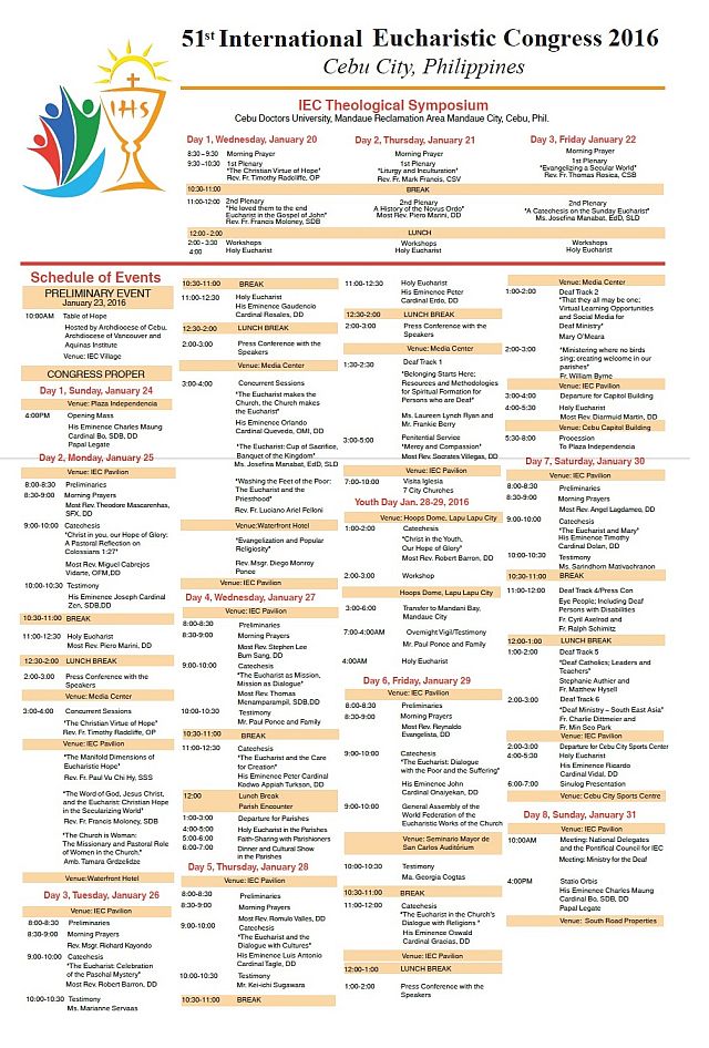 Schedule of activities for the 51st International Eucharistic Congress.