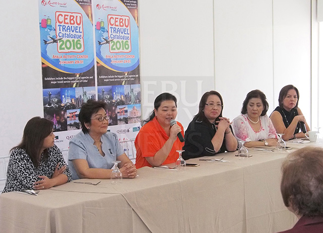 Members of the Cebu Tours and Travel Association discuss the Cebu Travel Catalogue during a press briefing. From left are Cookie Chan; Marilou Ordonez; Joan Tiu; Angelita Dy; Aida Uy and Shiela Colmenares. (CDN PHOTO/CHRISTIAN MANINGO)