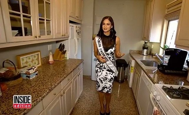 Miss Universe Pia Wurtzbach shows to Inside Edition the kitchen of her apartment in New York.