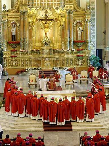 RED ROBES. All Philippine bishops are in Cebu for their first assembly outside Luzon. New officers of the Catholic Bishops Conference of the Philippines (CBCP) headed by Lingayen-Dagupan Archbishop Socrates Villegas take their oath before Apostolic Nuncio to the Philippines Giuseppe Pinto (seated, center) after their opening mass at the Cebu Metropolitan Cathedral. (CDN PHOTO/JUNJIE MENDOZA)