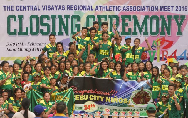 Cebu City Ninos jubilate after being declared the official overall champions of the 2016 Central Visayas Regional Athletic Association (CVIRAA) meet at the Enan Chiong Activity Center in the City of Naga. It was the 24th straight overall title for the powerhouse Ninos. (CDN PHOTO/TONEE DESPOJO)