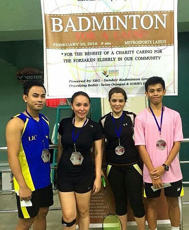 MIXED DOUBLES E. Joe James Taboada and partner Marsha Malagar snatched the Mixed Doubles Level E crown with a pulsating three-set win against runners-up Dr. Karina Tecson and Carl Bernard Bejasa (from left) in last Saturday’s second Badminton for a Cause tournament at the Metrosports Center in Lahug. (Facebook page of event organizers.)