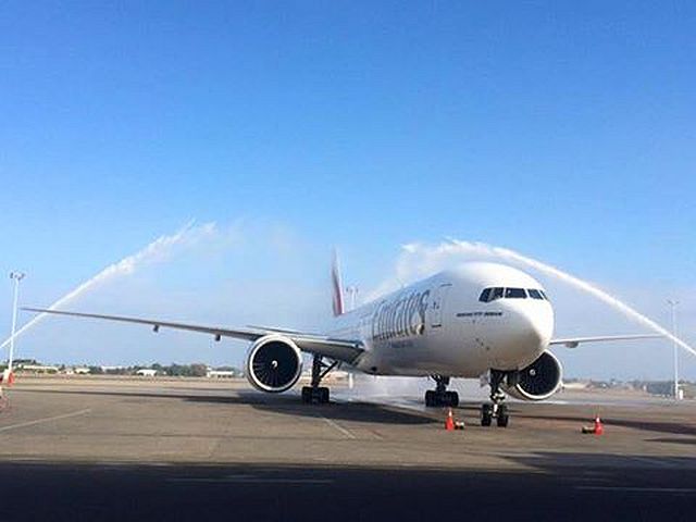 The aircraft was welcomed by a water cannon salute upon its arrival at the Mactan-Cebu International Airport. (CONTRIBUTED PHOTO/MALOU MOZO)