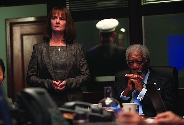 This image released by Focus Features shows Melissa Leo, left, and Morgan Freeman in a scene from Grammercy Pictures', "London Has Fallen." (AP)
