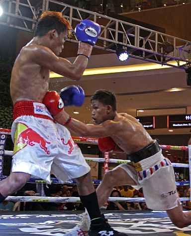 OMEGA BOXING FIGHT/MARCH 06,2016:Jhack Tepora manage to knock out his opponent Vergilio Silvano of the Omega boxing event at Robinsons Galleria.(CDN PHOTO/LITO TECSON)