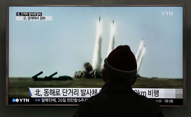 A man watches a TV screen showing  file footage of the missile launch conducted by North Korea, at Seoul Railway Station in South Korea. (AP)