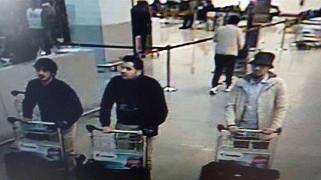 This image provided by the Belgian Federal Police in Brussels shows the three men who are suspected of taking part in the attacks at Belgium’s Zaventem Airport. The man at right is still being sought by the police and two others in the photo that the police issued were according to the Belgian Prosecutors ‘probably’ suicide bombers. (AP)