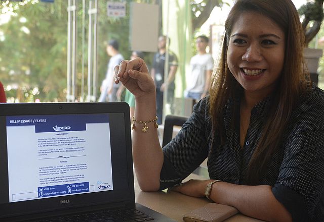 VECO PRESSCON/APR. 14, 2016 Atty. Jill Verallo - Head of VECO’s Reputation Enhancement Department told reporters that they will attached flyers announcent to the billing distributed to consumers. VECO will no longer issue a white 48hours disconnection notice slip. (CDN PHOTO/CHRISTIAN MANINGO)