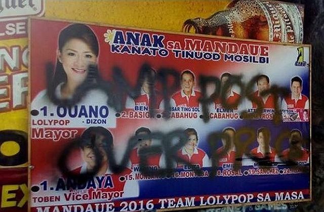 The campaign tarpaulin of Mandaue City mayoral candidate Lolypop Ouano  of One Cebu  (left)  is defaced while the billboard of her rival in the race, outgoing sixth district Rep. Luigi Quisumbing  (Liberal Party), is destroyed allegedly by supporters of the rival parties. CONTRIBUTED PHOTOS 