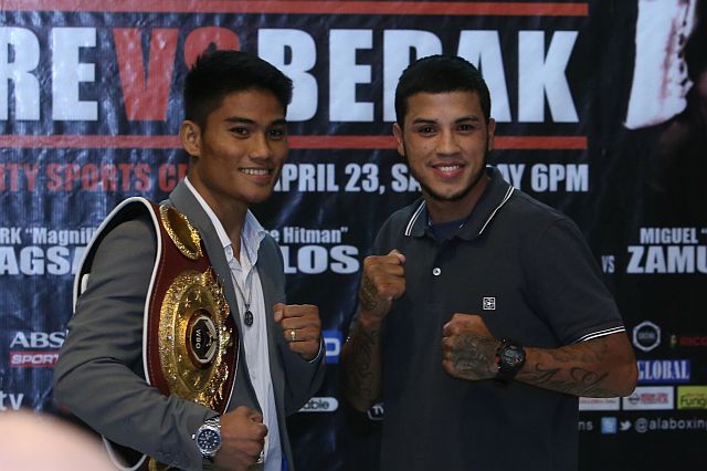 Mark " Magnifico " Magsayo pose with his opponent from California,USA Chris " The Hitman " Avalos after their final presscon of the Donaire vs Bedak fight undercard at Waterfront Lahug. (CNDPHOTO/LITO M. TECSON)