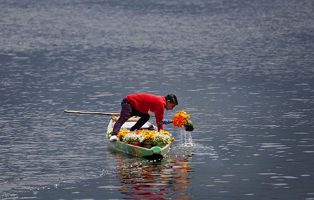 A Kashmiri flower vendor soaks flowers in the water while waiting for customers on Dal Lake in Srinagar, Indian-controlled Kashmir, Wednesday. (AP)