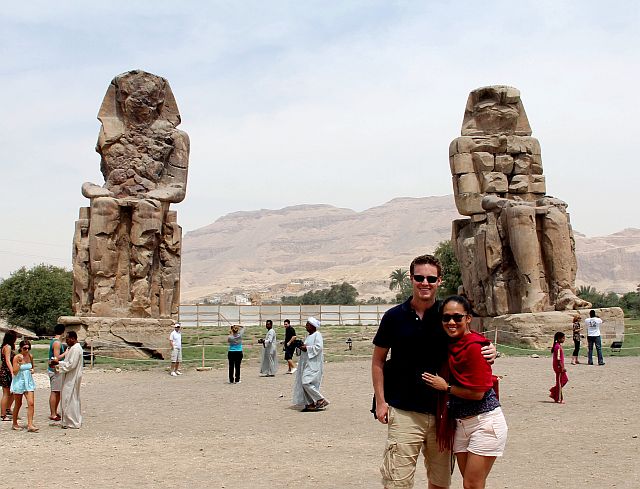 The writer and wife Anna with the twin statues at The Colossi of Memnon