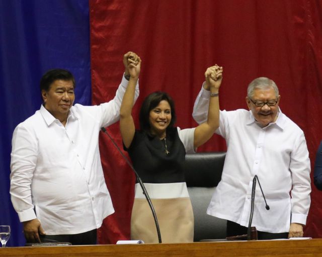 Vice president-elect Leni Robredo is proclaimed by Senate President Franklin Drilon and House Speaker Feliciano Belmonte Jr. at the House of Representatives. (INQUIRER)