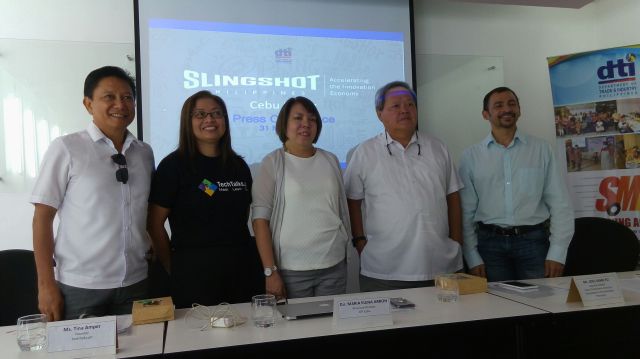 Government and private sector representatives are working together to hold Slingshot in  Cebu. From right are: CEDFIT managing director Wilfredo Sa-a, Jr., TechTalks.ph founder Tina Amper, DTI provincial director Ma. Elena Arbon, incoming Cebu City business adviser Joel Mari Yu, and TIDE CoWorking Space founder Ravi Agarwal.