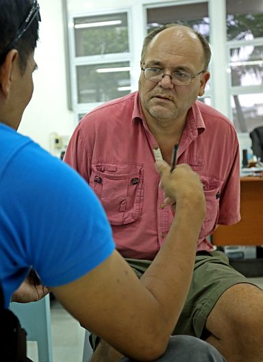 BRITISH NATIONAL ARRESTED BY NBI/MAY 19,2016:Wade LLoyd Allsopp a British National listen to a reporter as he was interview regarding his arrest on human trafficking by the NBI 7 agent in a uptown Hotel with a companion of 7 female believe to be her victims.(CDN PHOTO/LITO TECSON)