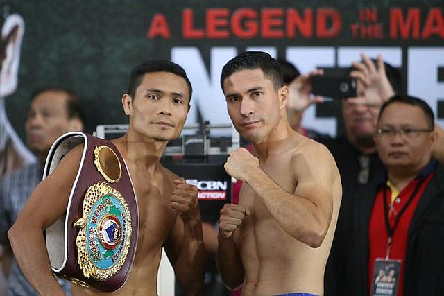Longest Reigning Champion Donnie AHAS Nietes of ALA gym pose with his opponent from Mexico Raul RAYITO Garcia for their WBO World Jr Flywright Championship of the Pinoy Pride 36 A Legend in the Making La Fisher hotel Bacolod City. (CDNPHOTO/LITO M. TECSON)